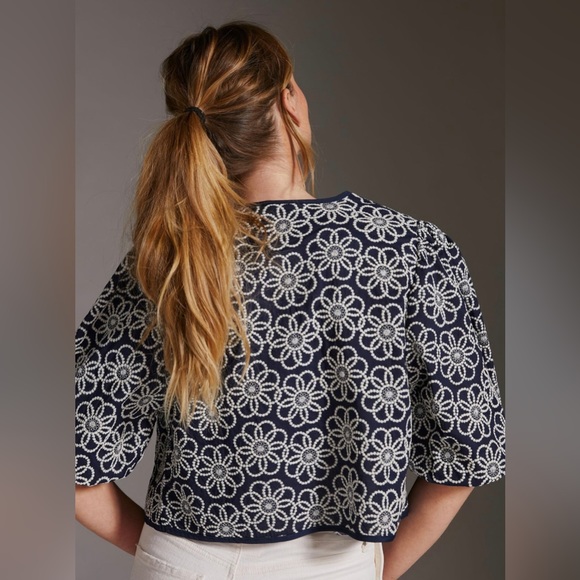 Maeve Anthropologie Navy Embroidery Floral Cropped Draped Shrug Jacket One Size - Picture 14 of 16